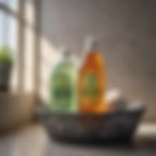 Eco-friendly dish soap bottle on laundry basket