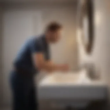 Professional plumber assessing a bathroom sink
