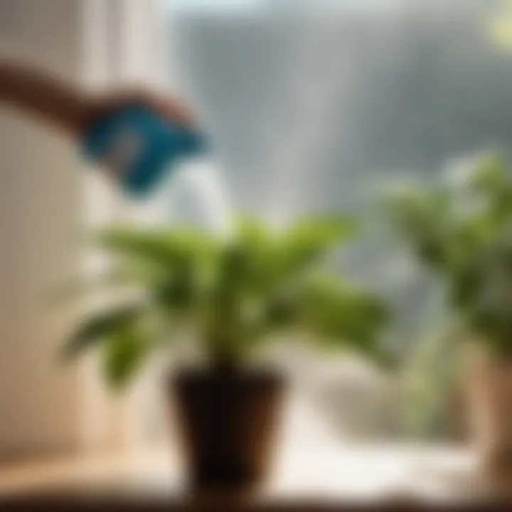 Hydrogen Peroxide Solution for Gnat Elimination Female hand watering indoor plant with hydrogen peroxide solution to kill gnats