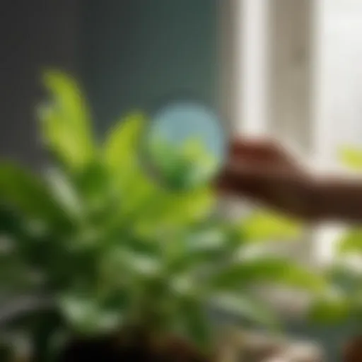 Green thumb holding a magnifying glass inspecting indoor plant leaves for gnats