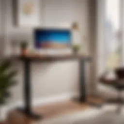 A sleek modern electric standing desk in a home office setting