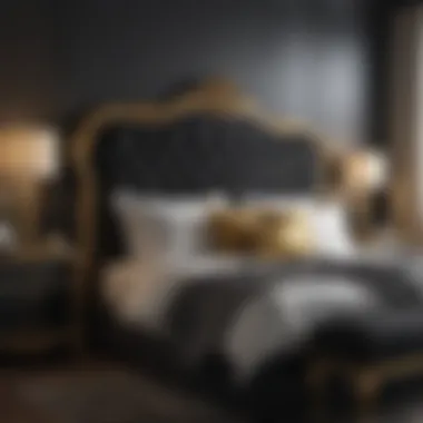 Elegant black upholstered bed with gold accents