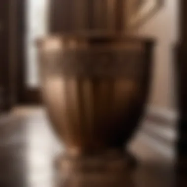 Close-up of a bronze wastebasket accentuating elegance