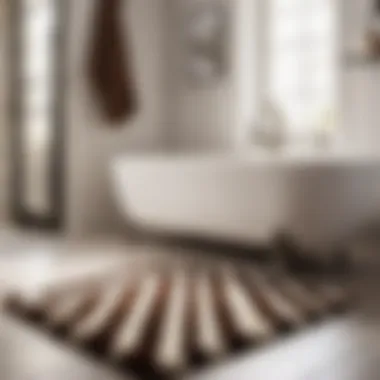 Plush brown and white striped bathroom rug