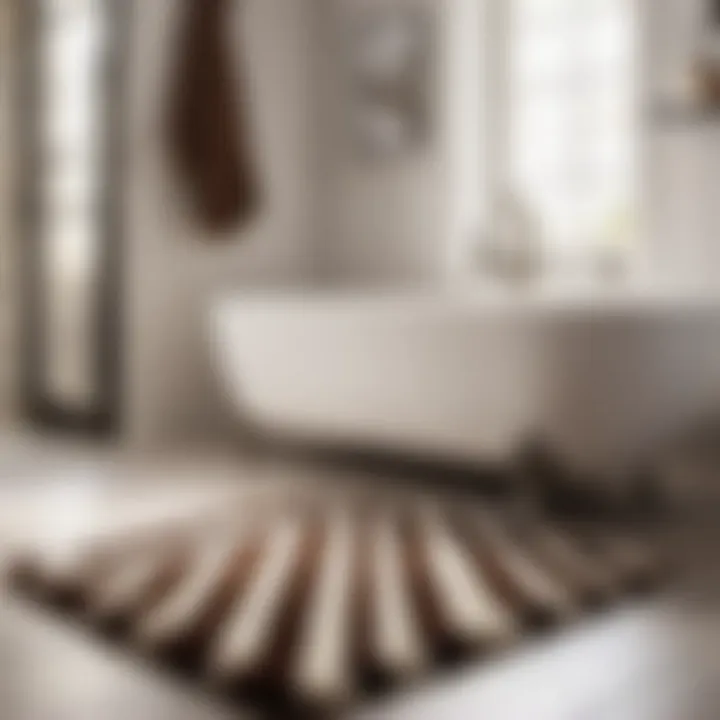 Plush brown and white striped bathroom rug