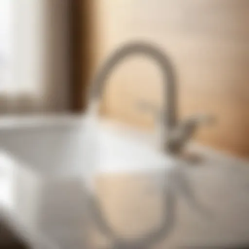 Brushed nickel centerset bathroom faucet on marble countertop