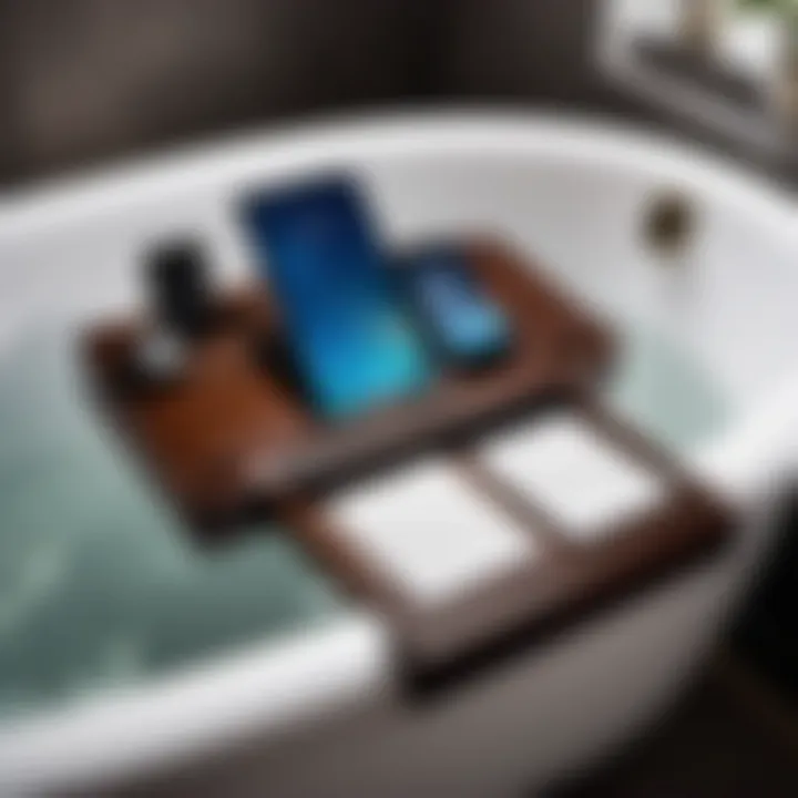 Convenient Phone and Tablet Slot Integration Stylish dark wood bathtub caddy with phone and tablet slot