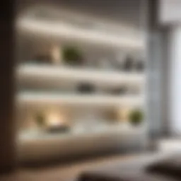 Elegant glass shelves reflecting soft bedroom lighting