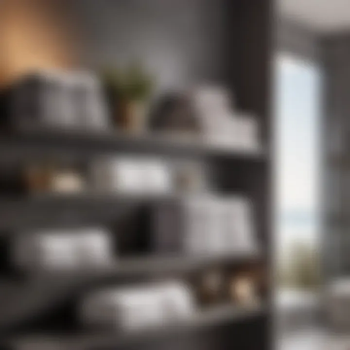 Contemporary Gray Shelves Styled with Textured Towels Modern gray bathroom shelving with textured towels