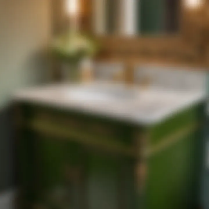 Close-up of detailed craftsmanship on a 24-inch green bathroom vanity