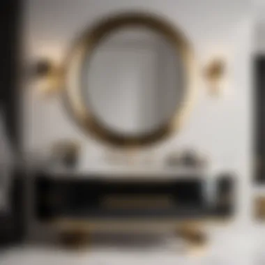 Sleek black half moon vanity with gold accents