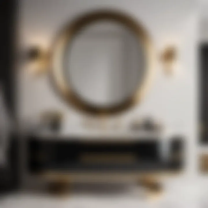 Sleek black half moon vanity with gold accents