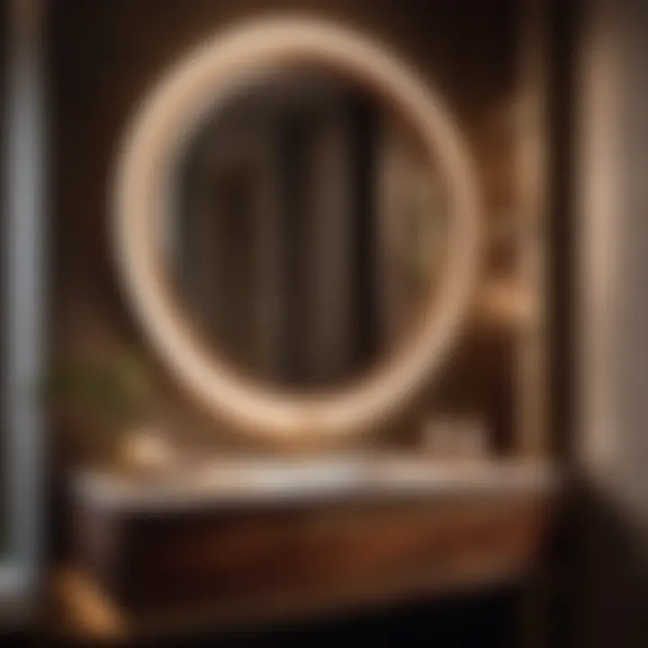 Luxurious wooden half moon vanity under soft ambient lighting