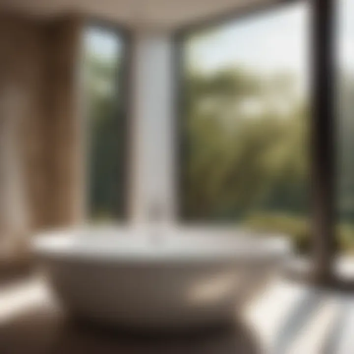 Serene Relaxation in a Modern Bathroom Setting Elegant freestanding corner bathtub with a view