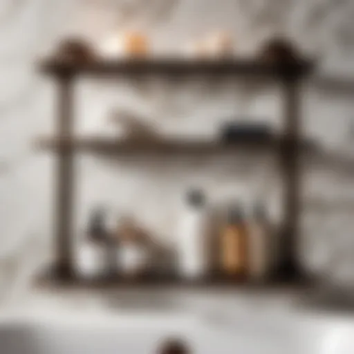 Elegant oil rubbed bronze bathroom shelf against a marble backdrop
