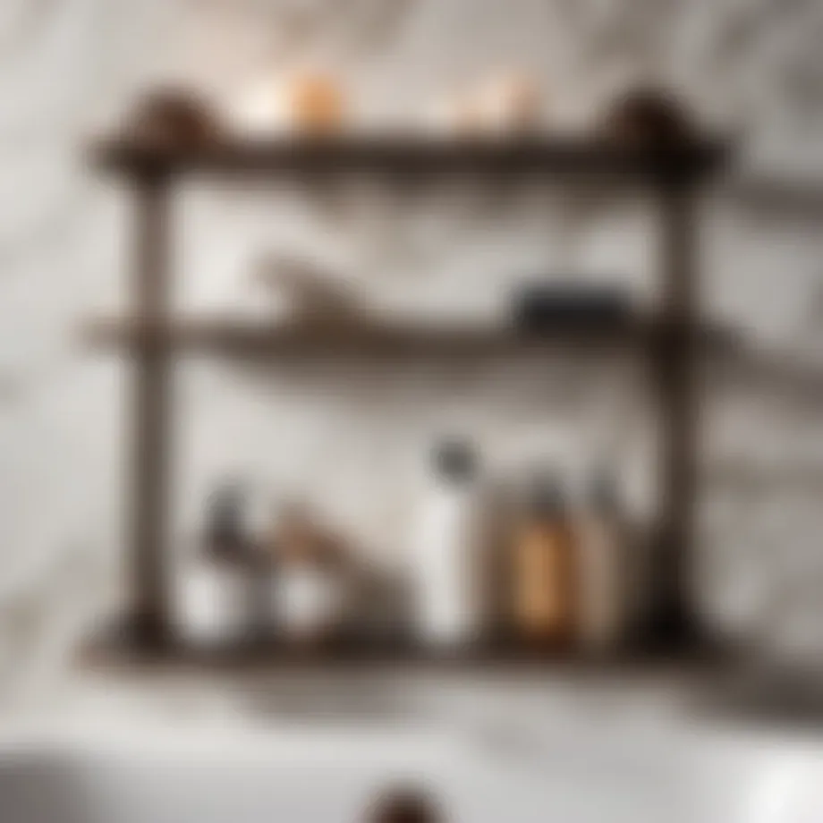 Elegant oil rubbed bronze bathroom shelf against a marble backdrop