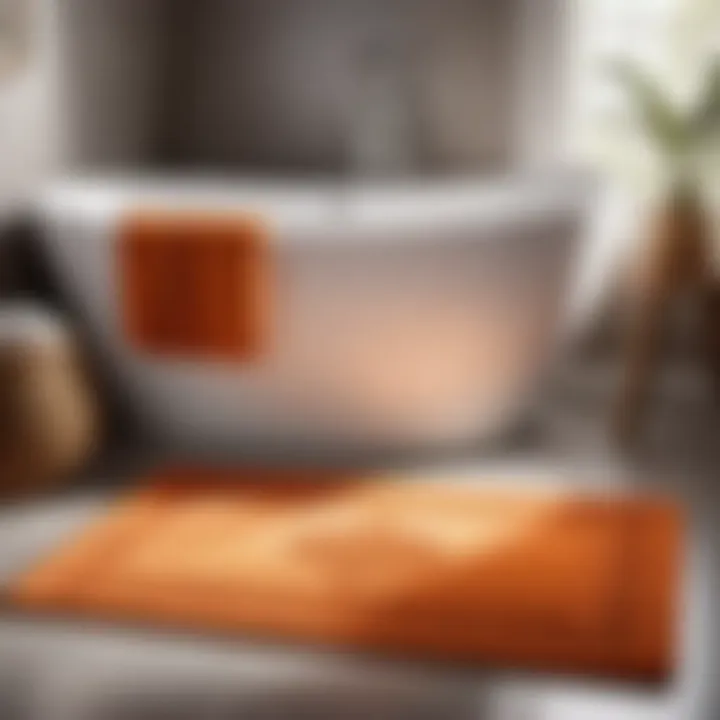 Elegant orange bath mat with intricate border design