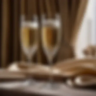 Exquisite Crystal Champagne Flutes on Silk Table Crystal Champagne Flutes on Silk Draped Table
