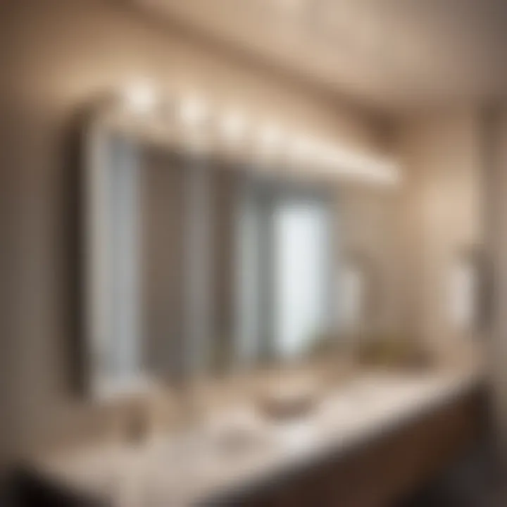 Elegant satin nickel bathroom light fixture reflecting in mirror