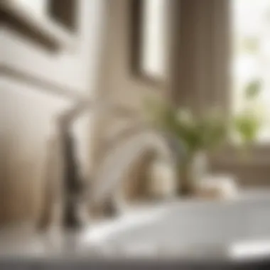 Intricate Design Elements Close-up of satin nickel finish bathroom faucet with intricate details