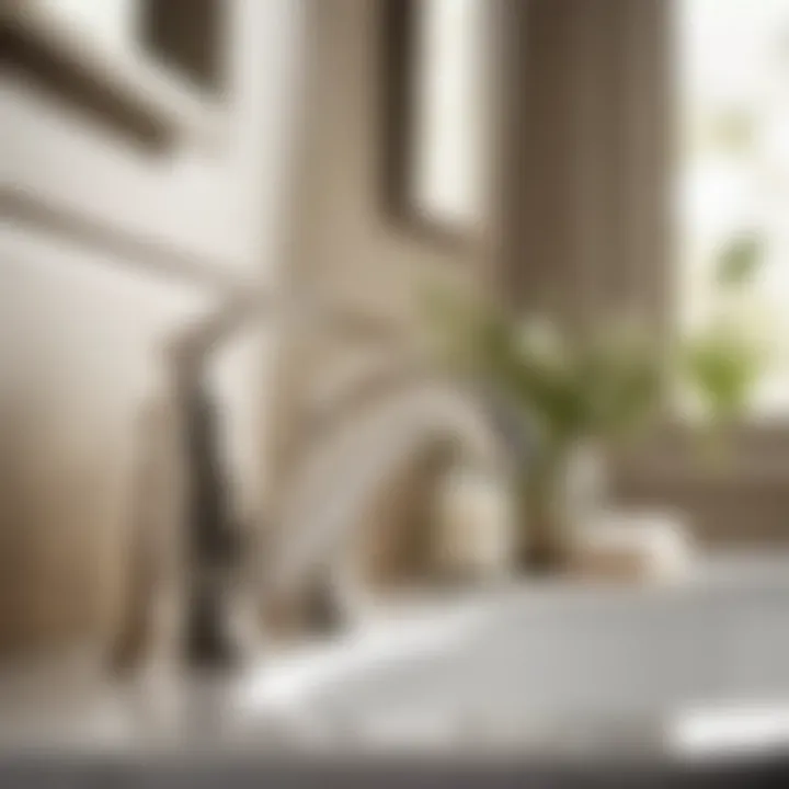Intricate Design Elements Close-up of satin nickel finish bathroom faucet with intricate details