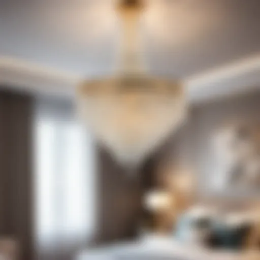 Elegant crystal bedroom chandelier suspended from ceiling