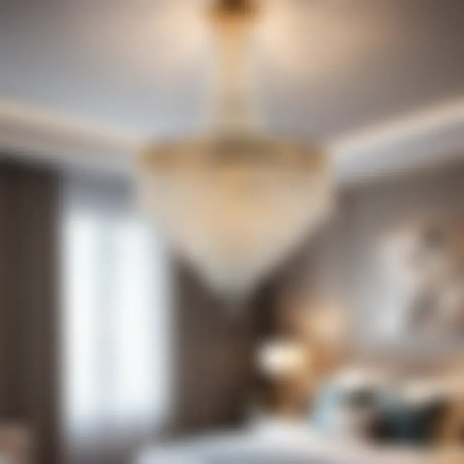 Elegant crystal bedroom chandelier suspended from ceiling