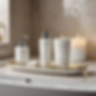 White ceramic bathroom tumbler accompanied by luxury bath products