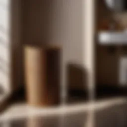 Elegant woven bathroom trash can in a luxurious setting