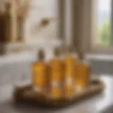 Elegant bath oils in golden glass containers on a marble tray
