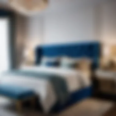 Elegant bedroom with blue velvet tufted headboard