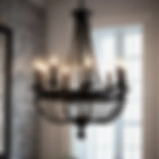 Elegant black rustic chandelier illuminating bathroom