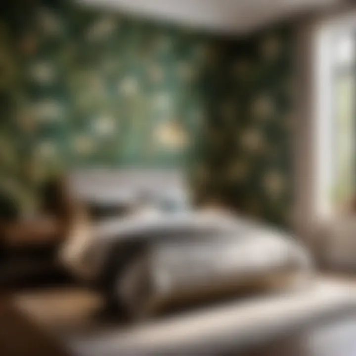 Elegant botanical pattern wallpaper in bedroom