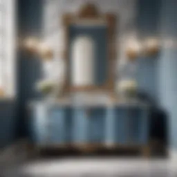 Elegant dusty blue vanity against marble backdrop