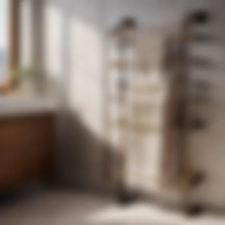 Sleek and Stylish Towel Shelf Design Elegant freestanding towel shelf in a modern bathroom