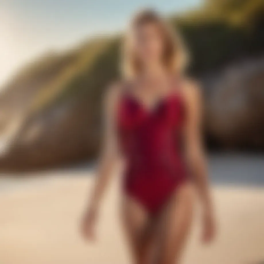 Elegant Garnet Hill bathing suit on beach