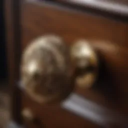 Elegant golden filigree knob on dark wood dresser