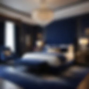 Elegant Navy Carpet Bedroom with Crystal Chandelier