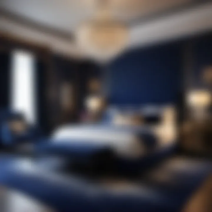 Elegant Navy Carpet Bedroom with Crystal Chandelier