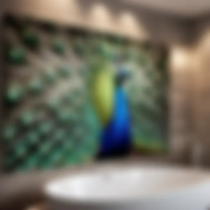 Peacock Elegance Elegant peacock themed wall art in a modern bathroom