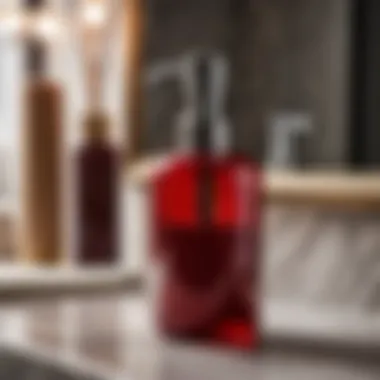 Stylish Red Soap Dispenser on Marble Countertop