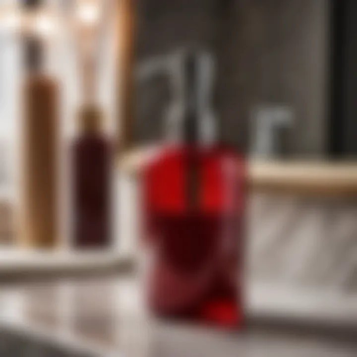 Stylish Red Soap Dispenser on Marble Countertop