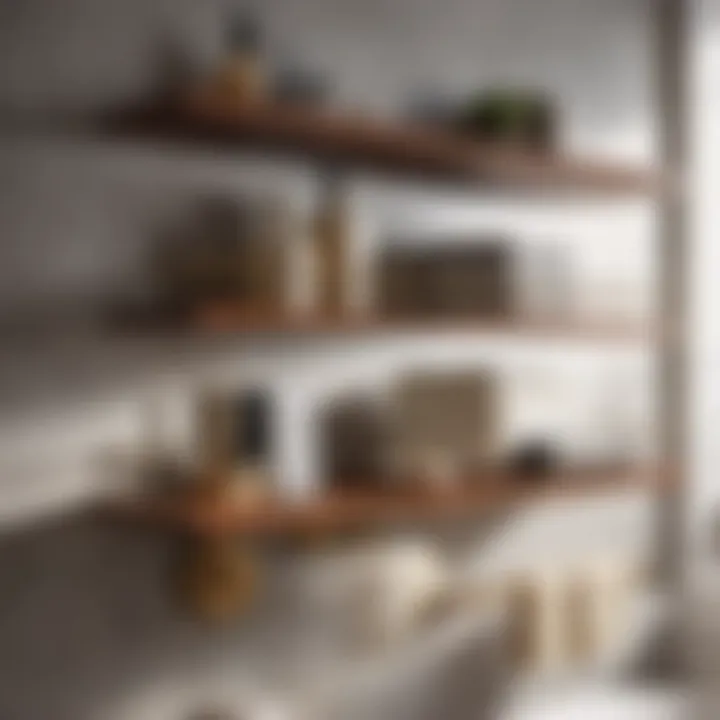 Sleek Wall-Mounted Shelves Elegant wall-mounted shelves in a small bathroom