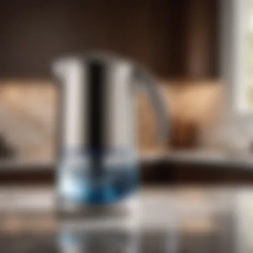 An elegant water filtration pitcher sitting on a marble countertop
