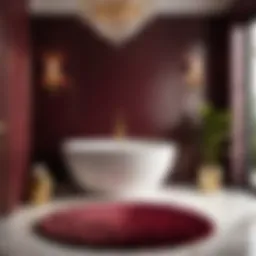 Luxurious burgundy and gold bathroom rug in elegant setting