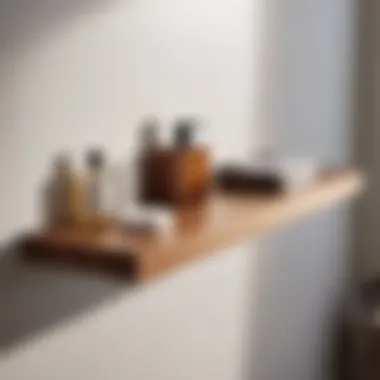 Elegant Wooden Floating Shelf with Bathroom Decor Pieces Wooden floating shelf showcasing elegant bathroom decor pieces