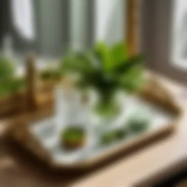 Refreshing Greenery Accented Tray Glass accessory tray with greenery and bath essentials