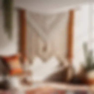 Boho Chic Fusion: Textured Harmony Handmade macrame wall hanging with bohemian rug accents