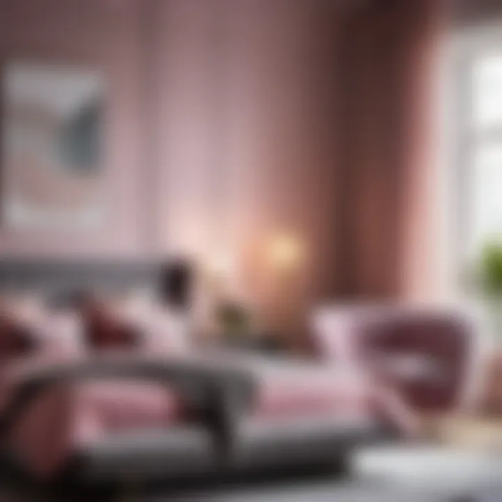 Sleek pink and gray furniture arrangement in stylish bedroom