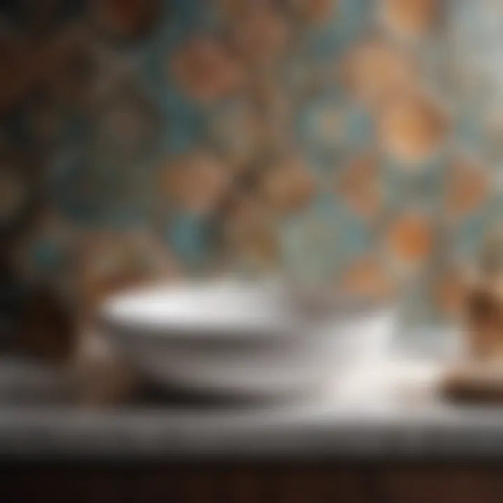 Artistic Ceramic Patterns Patterned ceramic backsplash infusing artistic flair into a stylish bathroom
